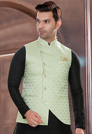 Brocade Asymmetric Nehru Jacket in Pastel Green