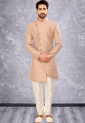 Brocade Asymmetric Sherwani in Off White and Peach