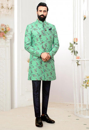 Brocade Asymmetric Sherwani in Sea Green