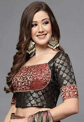 Brocade Back Tie Up Blouse in Black and Red