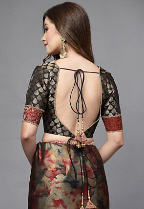 Brocade Back Tie Up Blouse in Black and Red