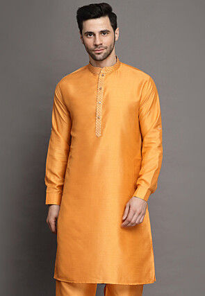 Brocade Collar Art Silk Kurta in Orange