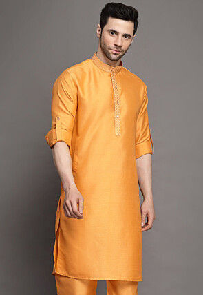 Brocade Collar Art Silk Kurta in Orange