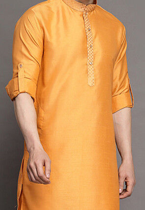 Brocade Collar Art Silk Kurta in Orange