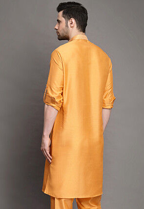 Brocade Collar Art Silk Kurta in Orange