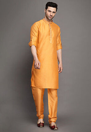Woven Collar Art Silk Kurta Set in Orange