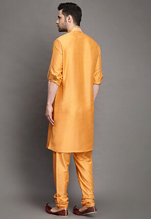 Woven Collar Art Silk Kurta Set in Orange
