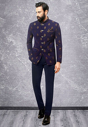 Brocade Jodhpuri Suit in Navy Blue