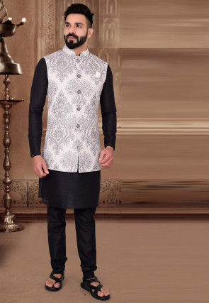 Buy Brocade Kurta Jacket Set in Black and White Online MHG2070 Utsav Fashion