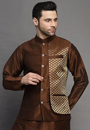 Brocade Layered Nehru Jacket in Brown