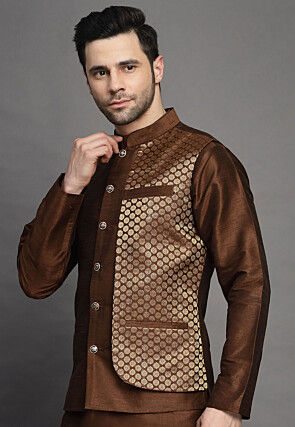 Brocade Layered Nehru Jacket in Brown