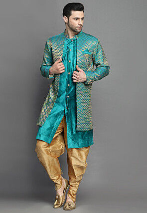 Brocade Layered Sherwani in Teal Blue