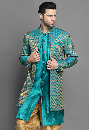 Brocade Layered Sherwani in Teal Blue