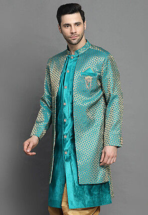 Brocade Layered Sherwani in Teal Blue