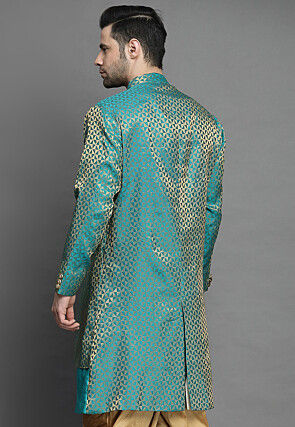 Brocade Layered Sherwani in Teal Blue