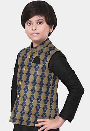 Brocade Nehru Jacket in Blue and Beige