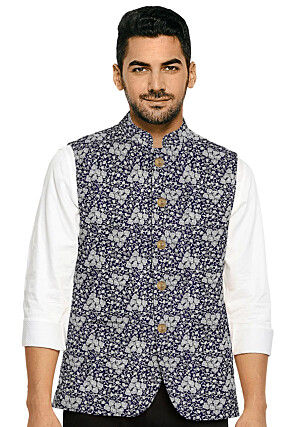 Brocade Nehru Jacket in Dark Blue