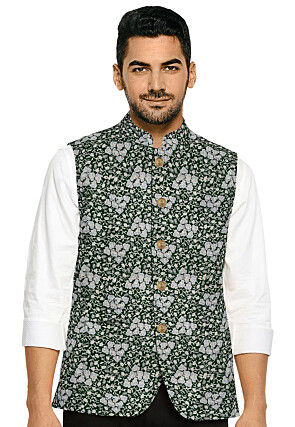 Brocade Nehru Jacket in Dark Green