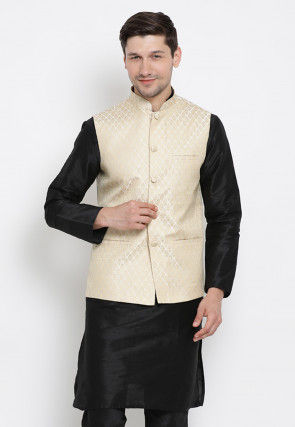 Brocade Nehru Jacket in Light Beige