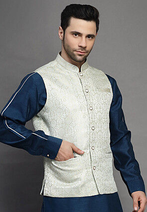 Brocade Nehru Jacket in Light Beige
