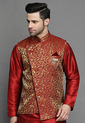 Brocade Nehru Jacket in Maroon
