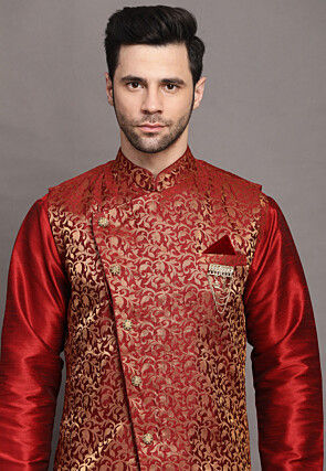 Brocade Nehru Jacket in Maroon