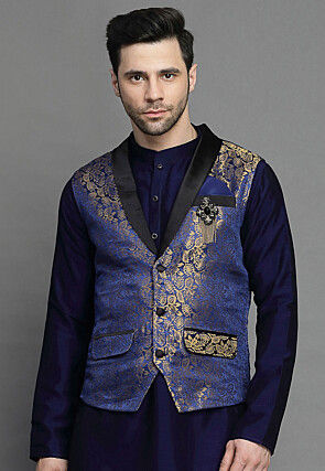 Brocade Nehru Jacket in Navy Blue