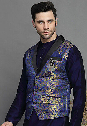 Brocade Nehru Jacket in Navy Blue