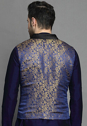 Brocade Nehru Jacket in Navy Blue