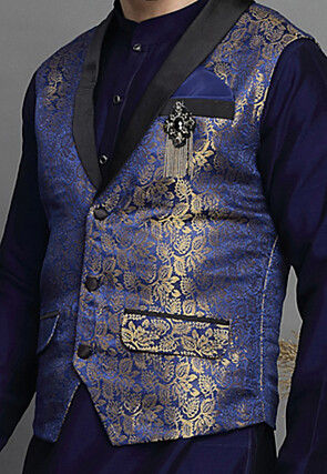 Brocade Nehru Jacket in Navy Blue