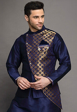 Brocade Nehru Jacket in Navy Blue