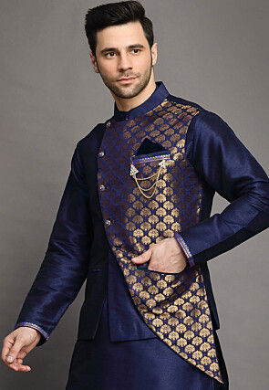Brocade Nehru Jacket in Navy Blue