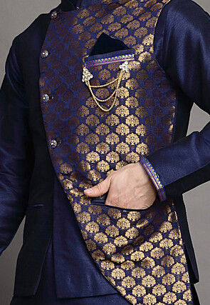 Brocade Nehru Jacket in Navy Blue