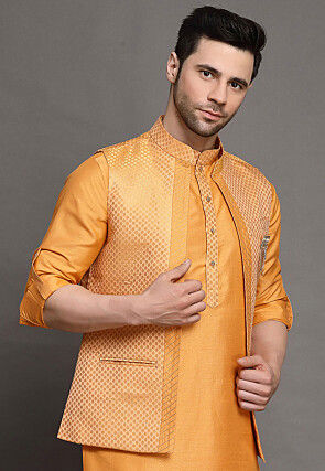 Brocade Nehru Jacket in Orange
