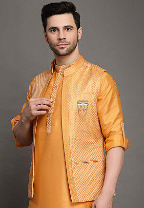 Brocade Nehru Jacket in Orange