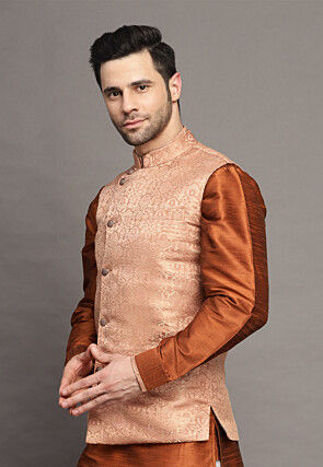 Brocade Nehru Jacket in Peach