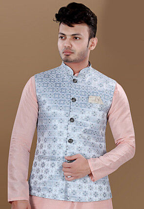Brocade Nehru Jacket in Sky Blue