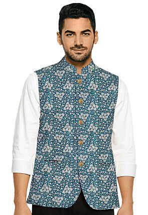 Brocade Nehru Jacket in Teal Blue
