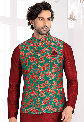 Brocade Nehru Jacket in Teal Green