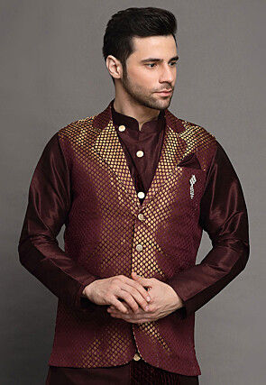 Brocade Nehru Jacket in Wine