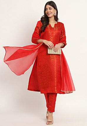 Brocade Pakistani Suit in Red