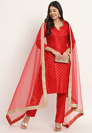 Brocade Pakistani Suit in Red