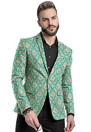 Brocade Pure Banarasi Satin Silk Blazer in Teal Green
