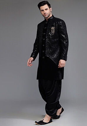 Embroidered Velvet Sherwani in Black