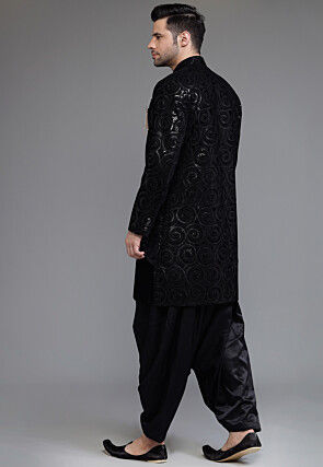 Embroidered Velvet Sherwani in Black