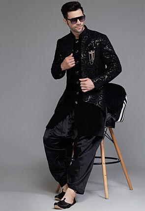 Embroidered Velvet Sherwani in Black