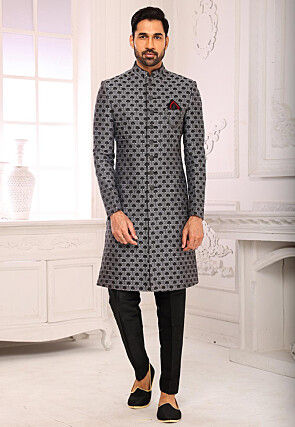 Brocade Sherwani in Light Grey