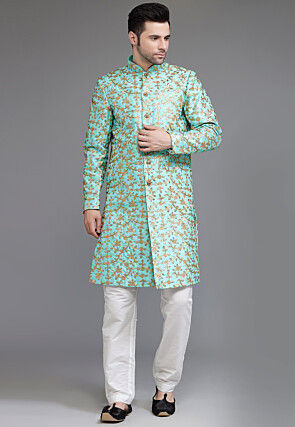 Embroidered Art Silk Sherwani in Turquoise
