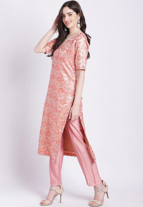 Brocade Straight Kurta Set in Peach