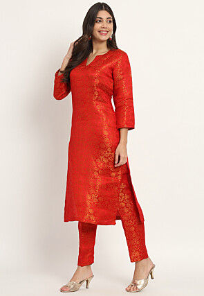Brocade Straight Kurta Set in Red
